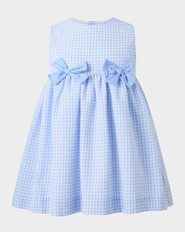 Girl's Gingham-Print Bow Dress W/ Bloomers, Size 6M-